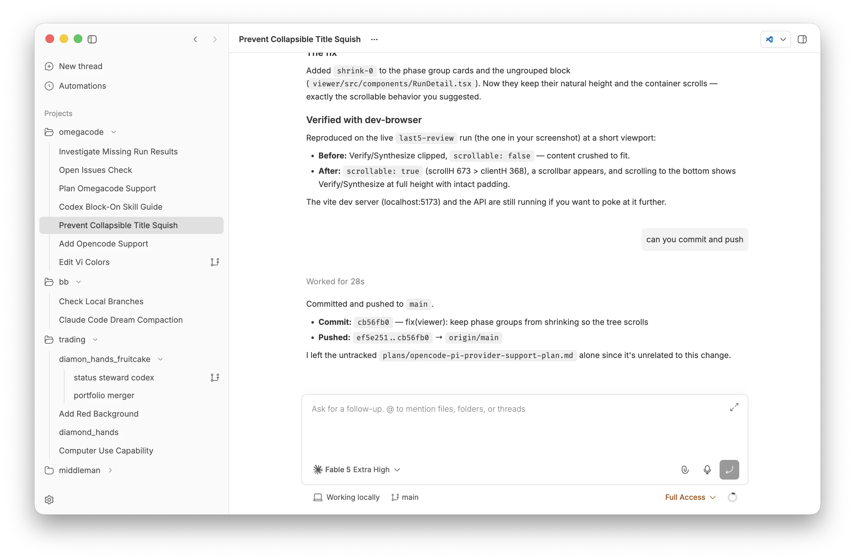 The bb app with a thread open and projects and agent threads in the sidebar